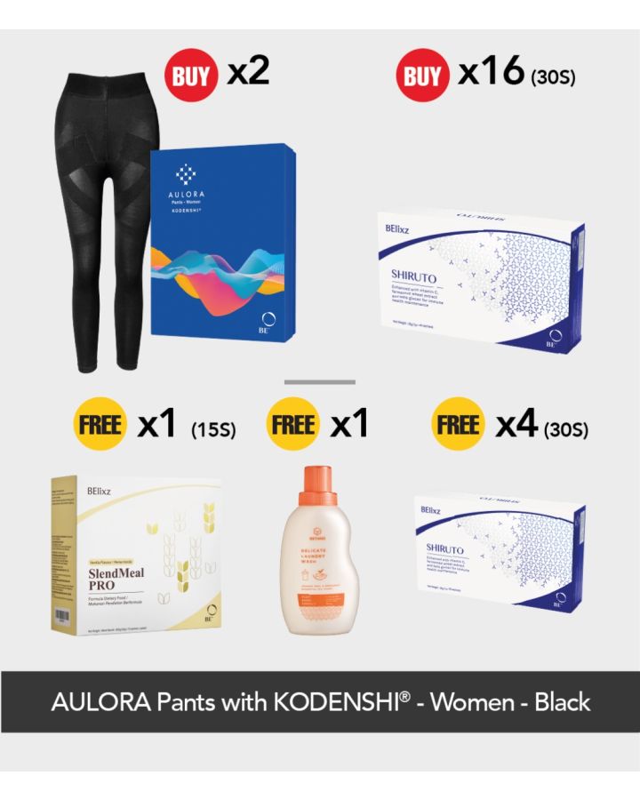 Buy 2x AULORA Pants with KODENSHI® - Women - Black + 16x BElixz SHIRUTO (30s)(SG) Free 4x BElixz SHIRUTO (30s)(SG) + 1x BElixz SlendMeal PRO (15s) + 1x BEYANG Delicate Laundry Wash (800ml)