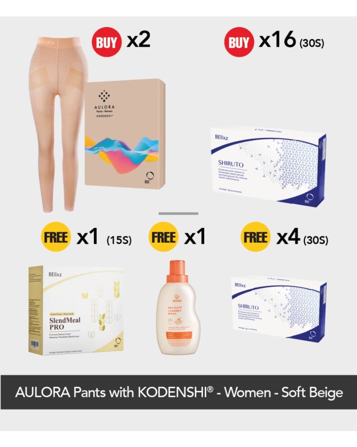Buy 2x AULORA Pants with KODENSHI® - Women - Soft Beige + 16x BElixz SHIRUTO (30s)(SG) Free 4x BElixz SHIRUTO (30s)(SG) + 1x BElixz SlendMeal PRO (15s) + 1x BEYANG Delicate Laundry Wash (800ml)
