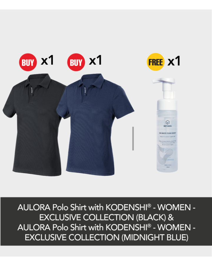Buy 1x AULORA Polo Shirt with KODENSHI® - Women - Midnight Blue + 1X AULORA Polo Shirt with KODENSHI® - Women - Black Free 1x BEYANG Intimate Foam Wash (200ml)