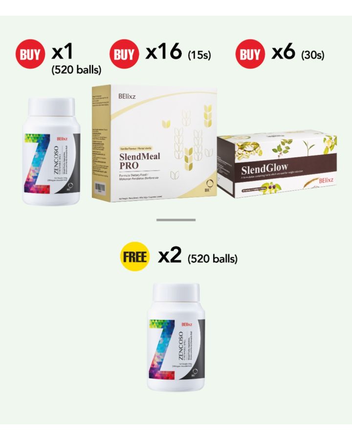 Buy 6x BElixz SlendGlow (30s)(SG) + 16x BElixz SlendMeal PRO (15s) + 1x BElixz ZENCOSO CHEWABLE BALL (520 balls) Free 2x BElixz ZENCOSO CHEWABLE BALL (520 balls)
