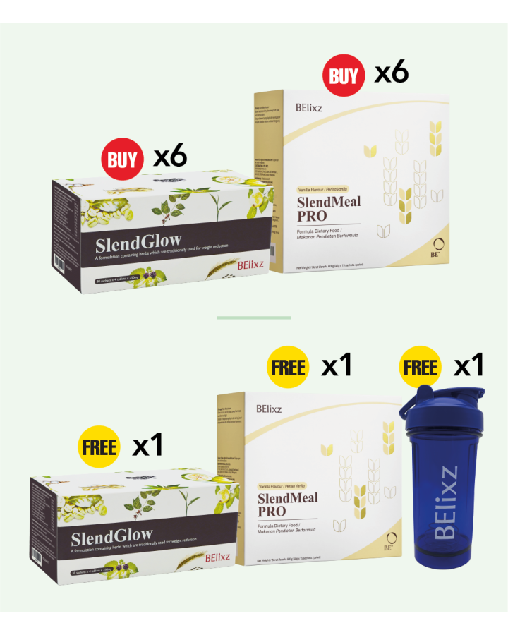 Buy 6x BElixz SlendMeal PRO (15s) + 6x BElixz SlendGlow (30s) Free 1x BElixz SlendMeal PRO (15s) + 1x BElixz SlendGlow (30s) + 1x BElixz SHAKER (BLUE)(500ML)