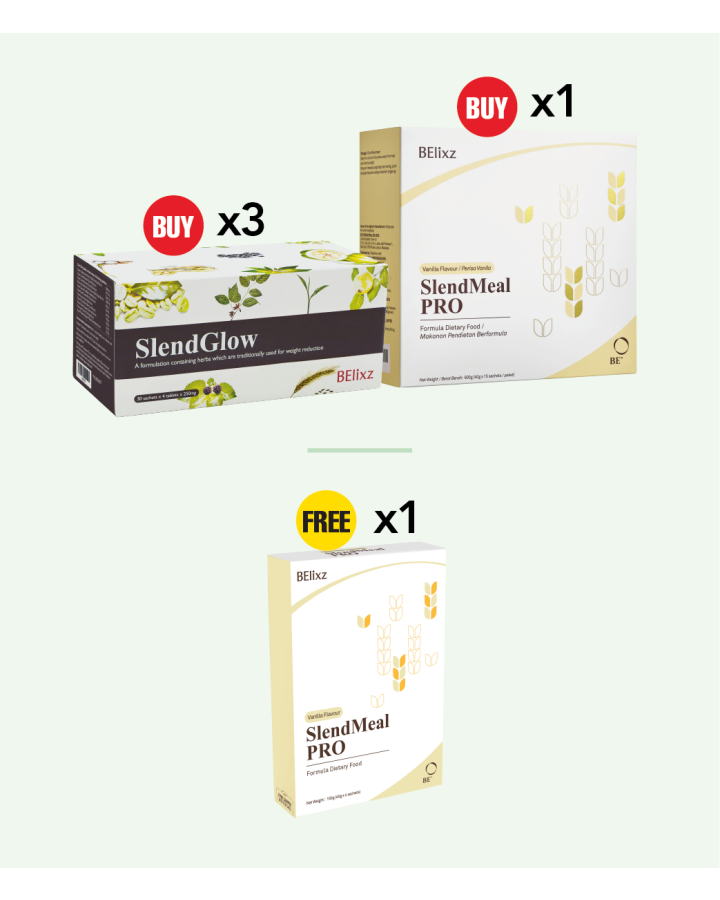 Buy 3x BElixz SlendGlow (30s)(SG) + 1x BElixz SlendMeal PRO (15s) Free 1x BElixz SlendMeal PRO (4s)