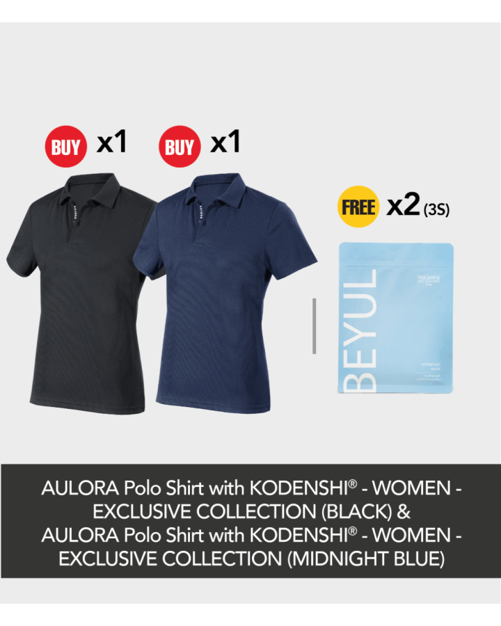 Buy 1x AULORA Polo Shirt with KODENSHI® - Men - Black + 1x AULORA Polo Shirt with KODENSHI® - Men - Midnight Blue Free 2x BEYUL Hydrating Mask (3s)