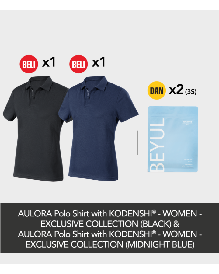 Buy 1x AULORA Polo Shirt with KODENSHI® - Women - Black + 1x AULORA Polo Shirt with KODENSHI® - Women - Midnight Blue And 2x BEYUL Hydrating Mask (3s)
