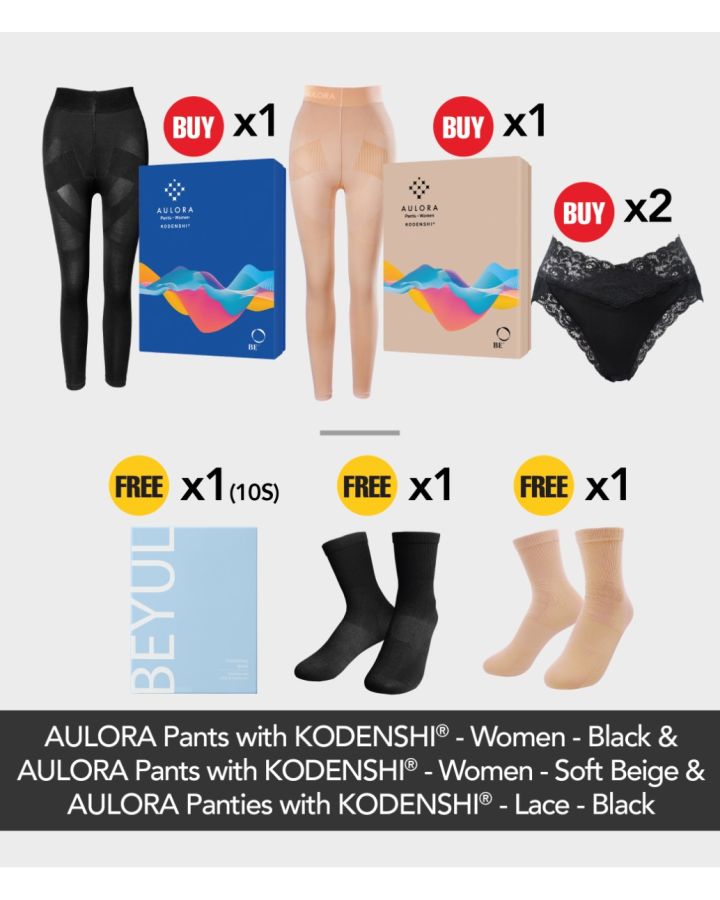 Buy 1x AULORA Pants with KODENSHI® - Women - Black + 1x AULORA Pants with KODENSHI® - Women - Soft Beige + 2x AULORA Panties with KODENSHI® - Lace - Black Free 1x AULORA Socks with KODENSHI® - Women - Black + 1x AULORA Socks with KODENSHI® - Women - Soft