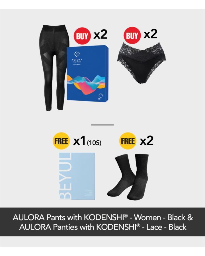 Buy 2x AULORA Pants with KODENSHI® - Women - Black + 2x AULORA Panties with KODENSHI® - Lace - Black (2 pieces) Free 2x AULORA Socks with KODENSHI® - Women - Black (2 Pairs) + 1x BEYUL Hydrating Mask (10s)