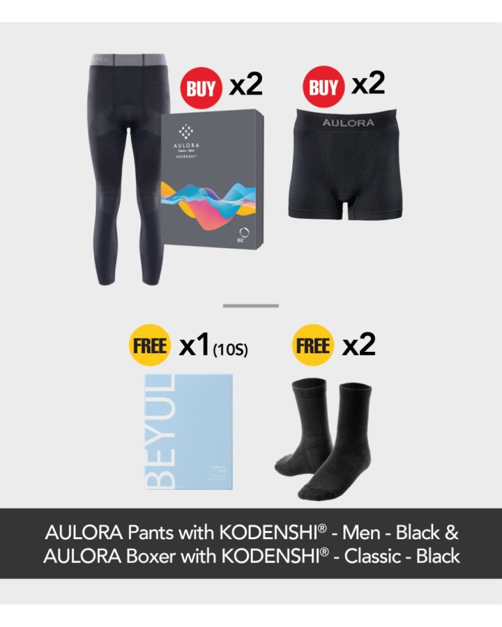 Buy 2x AULORA Pants with KODENSHI® - Men - Black + 2x AULORA Boxer with KODENSHI® - Classic - Black (2 pieces) Free 2x AULORA Socks with KODENSHI® - Men - Black (2 Pairs) + 1x  BEYUL Hydrating Mask (10s)